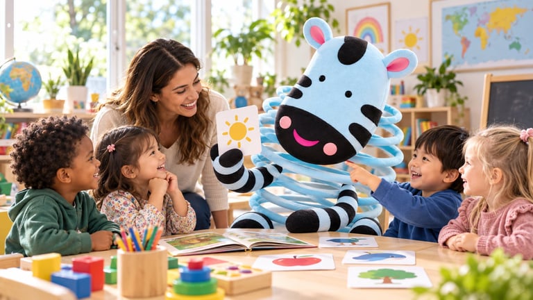 Teacher with four young children gathered around a colorful plush zebra toy in a bright classroom.