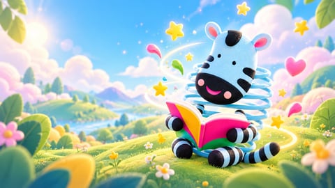 Cartoon zebra character with colorful rainbow stripes playing in a vibrant meadow with flowers, stars, and hearts under a sunny blue sky.