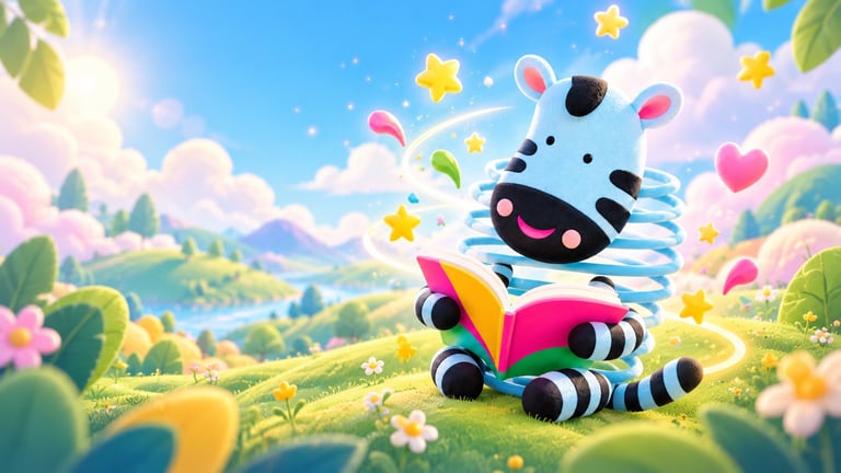 Cartoon zebra character with colorful rainbow stripes playing in a vibrant meadow with flowers, stars, and hearts under a sunny blue sky.