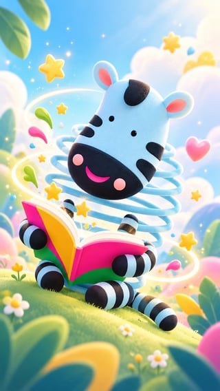 Cheerful cartoon zebra toy with striped legs on a colorful wheeled vehicle in a whimsical landscape with stars and floating elements.