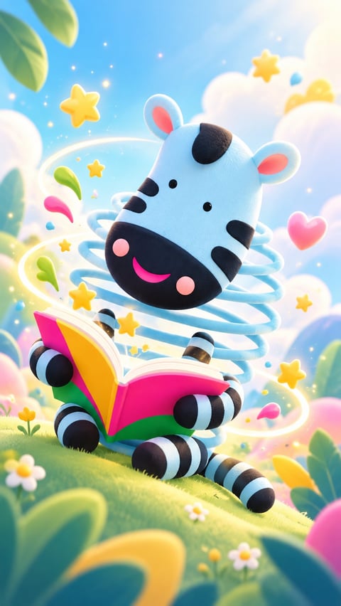 Cheerful cartoon zebra toy with striped legs on a colorful wheeled vehicle in a whimsical landscape with stars and floating elements.