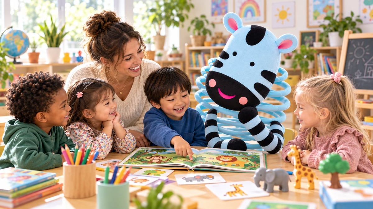 Teacher and four young children drawing and coloring with a friendly zebra puppet in a bright, plant-filled classroom.