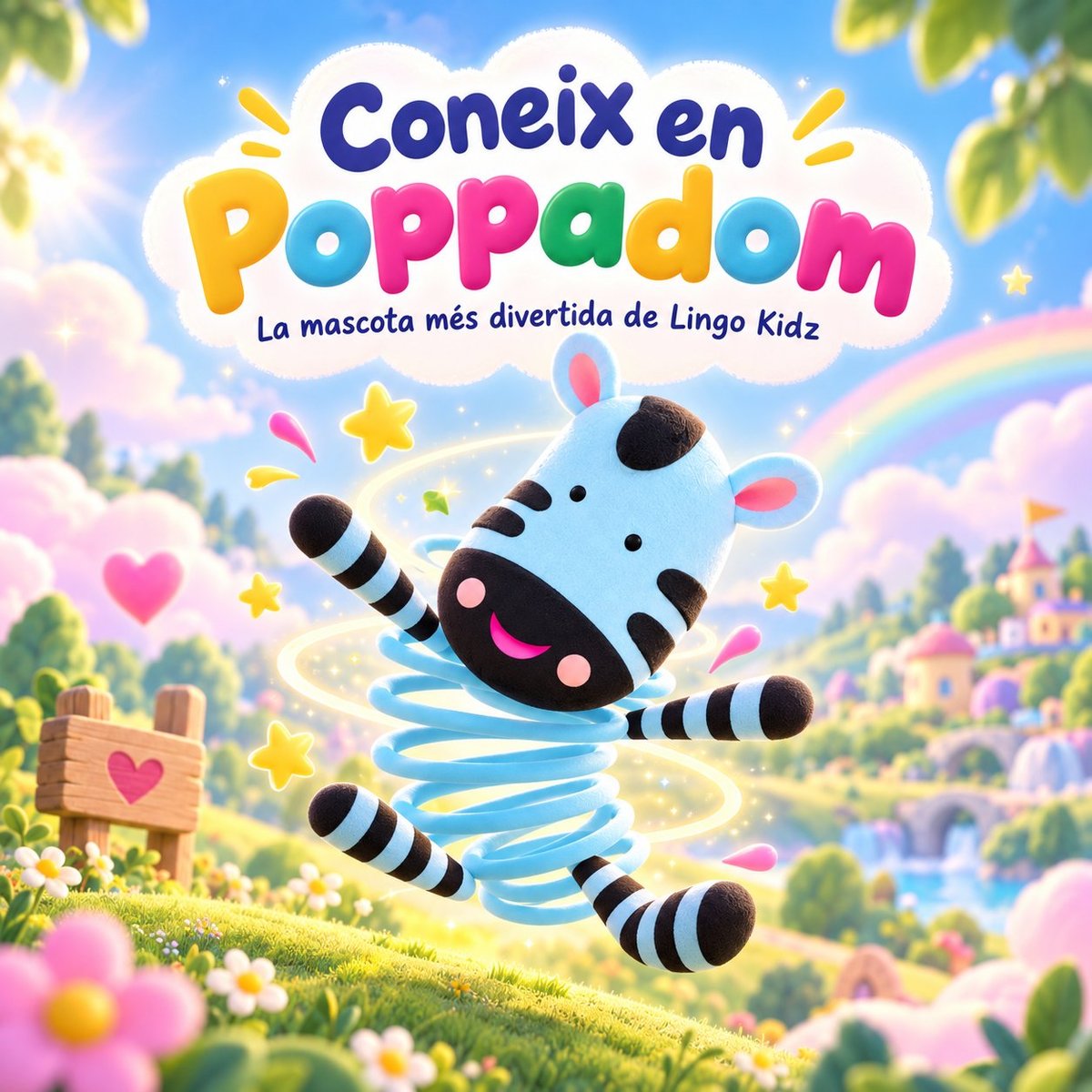 Colorful cartoon mascot character Coneix in Poppadom childrens game promotional image with vibrant landscape and magical elements