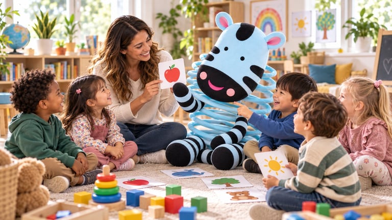 Teacher with five young children sitting around a smiling blue cat mascot character surrounded by toys and colorful blocks in a bright classroom.